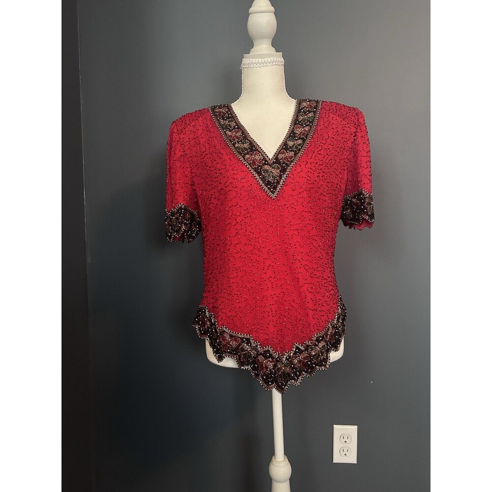 VintageLawrence Kazar Beaded Sequin Silk Top Sz Large Bows Red Christmas Holiday